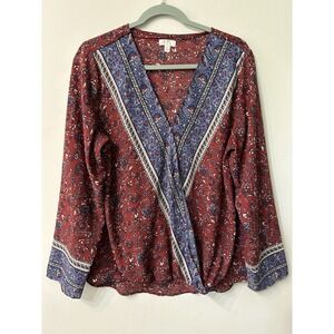 Sandy & Sid Boho Floral Wrap Blouse Women's XL Red Blue Paisley Long Sleeve Top
